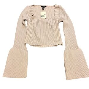 Square-Neck Ribbed Corset Sweater w/ Bell Sleeves